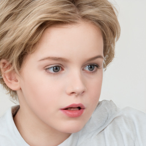 Neutral white child female with medium  brown hair and blue eyes