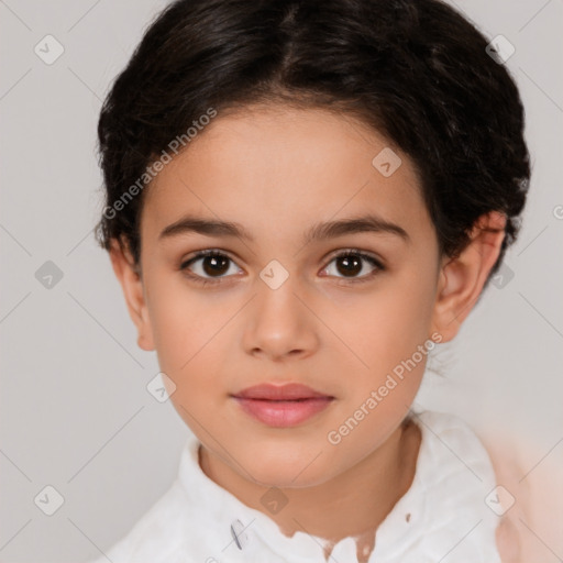 Joyful white child female with medium  brown hair and brown eyes