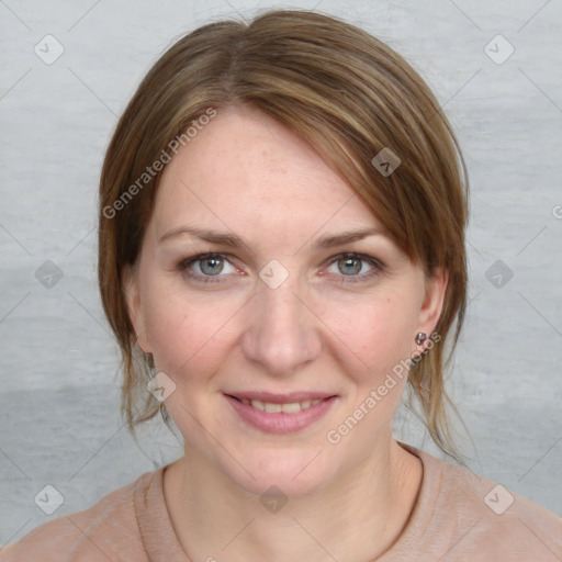 Joyful white young-adult female with medium  brown hair and blue eyes