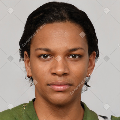Neutral latino young-adult female with short  black hair and brown eyes