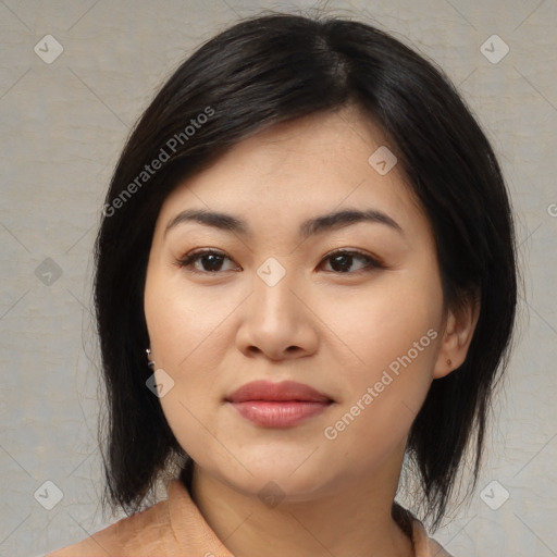 Joyful asian young-adult female with medium  black hair and brown eyes