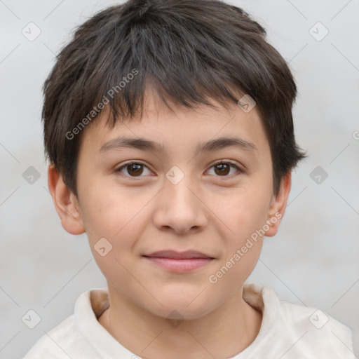 Joyful white child male with short  brown hair and brown eyes