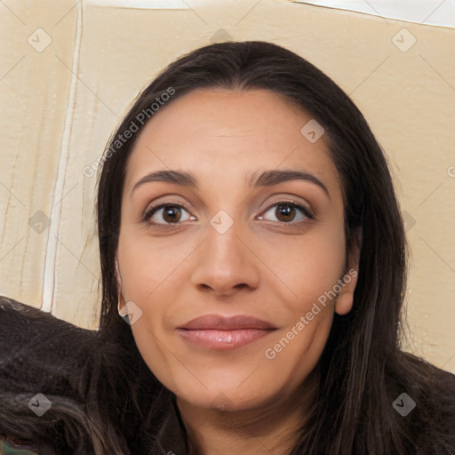 Joyful white young-adult female with long  black hair and brown eyes