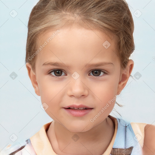 Joyful white child female with short  brown hair and brown eyes