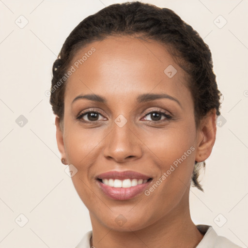 Joyful white young-adult female with short  brown hair and brown eyes