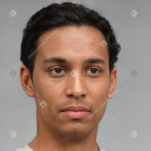 Neutral latino young-adult male with short  brown hair and brown eyes