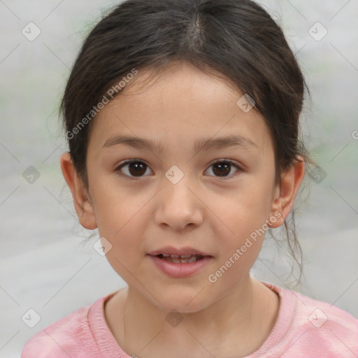 Joyful white child female with medium  brown hair and brown eyes