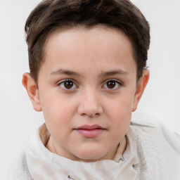 Joyful white child female with short  brown hair and brown eyes