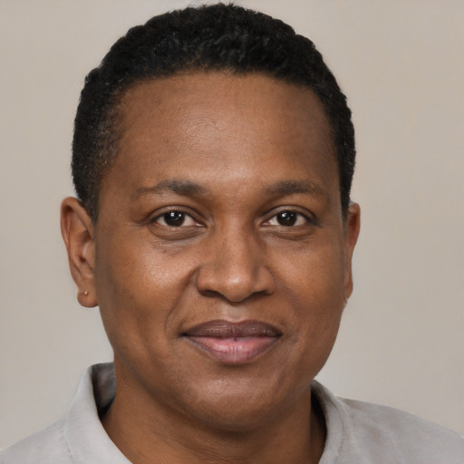 Joyful black adult male with short  brown hair and brown eyes
