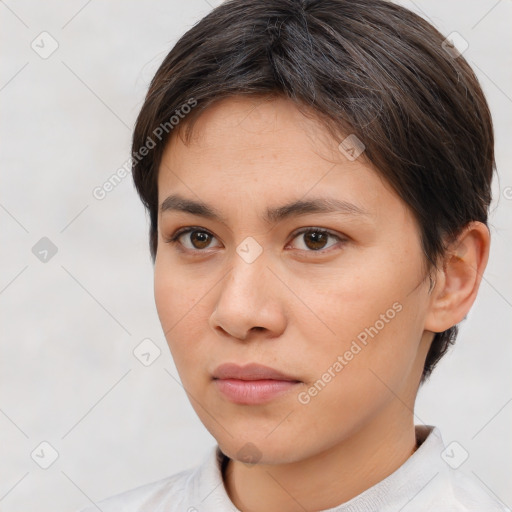 Neutral white young-adult female with short  brown hair and brown eyes