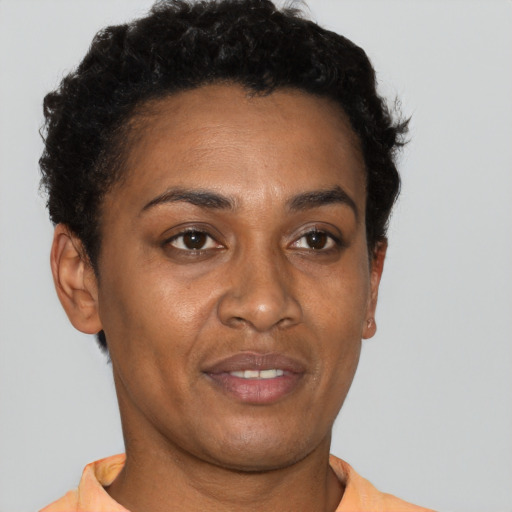 Neutral black adult female with short  black hair and brown eyes