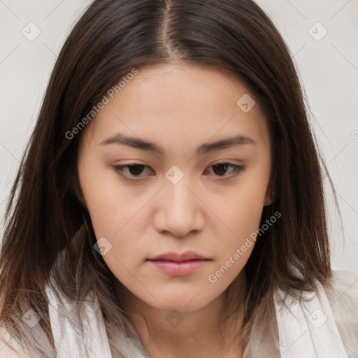 Neutral white young-adult female with medium  brown hair and brown eyes