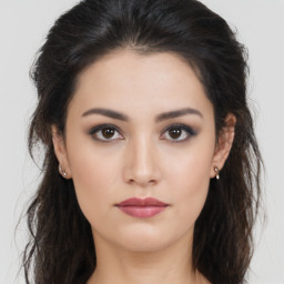 Neutral asian young-adult female with long  brown hair and brown eyes