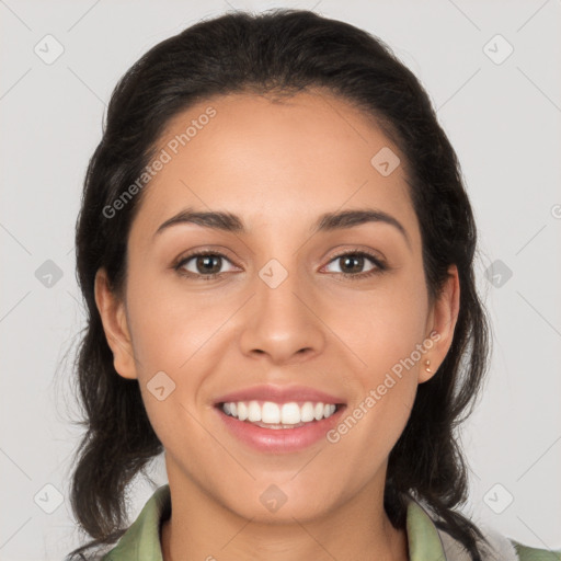 Joyful white young-adult female with medium  brown hair and brown eyes