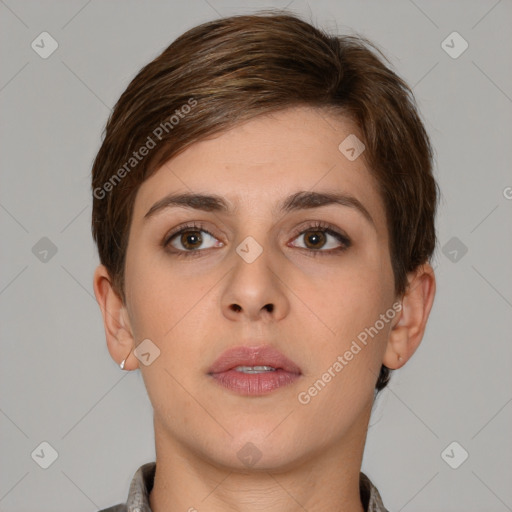 Neutral white young-adult female with short  brown hair and brown eyes