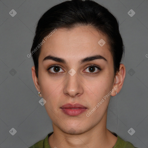 Neutral white young-adult female with short  brown hair and brown eyes