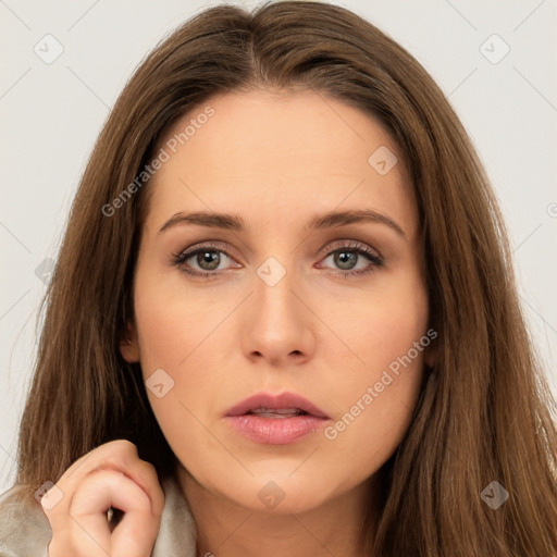 Neutral white young-adult female with long  brown hair and brown eyes