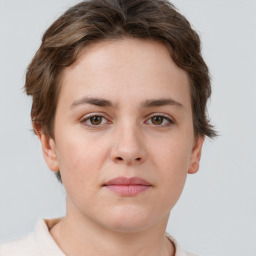 Neutral white young-adult female with short  brown hair and brown eyes