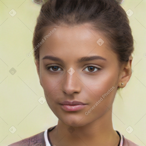 Neutral white young-adult female with short  brown hair and brown eyes