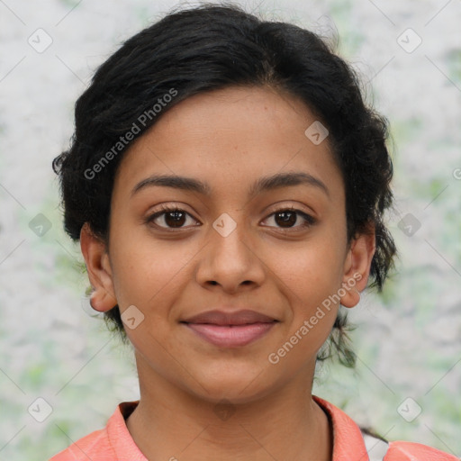 Joyful latino young-adult female with short  brown hair and brown eyes