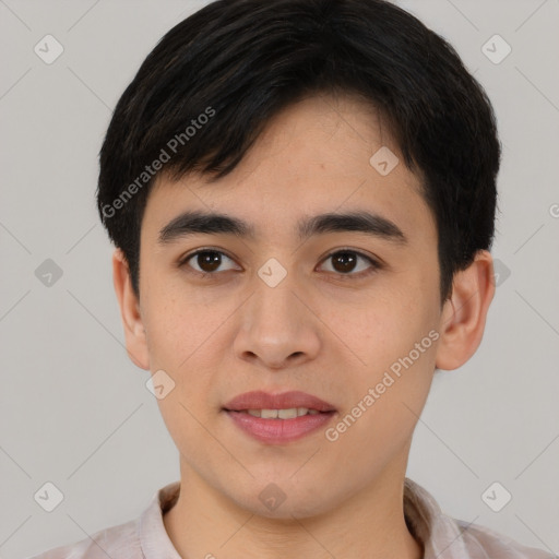 Joyful asian young-adult male with short  brown hair and brown eyes