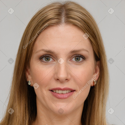 Joyful white young-adult female with long  brown hair and green eyes