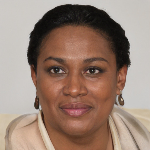 Joyful black adult female with short  brown hair and brown eyes