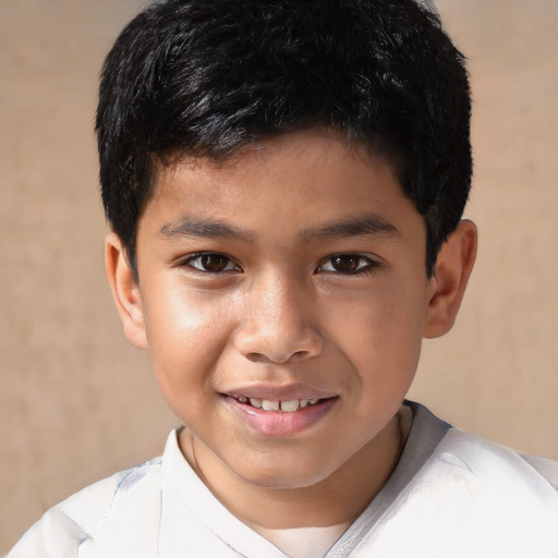 Joyful asian child male with short  brown hair and brown eyes
