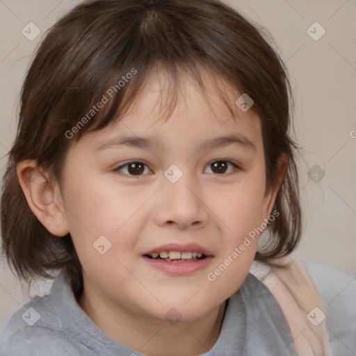 Joyful white child female with medium  brown hair and brown eyes