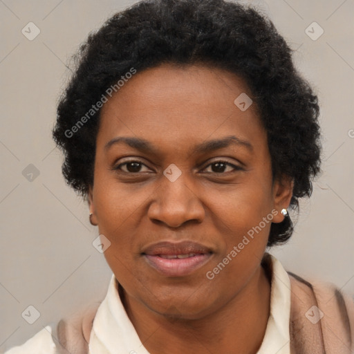 Joyful black adult female with short  brown hair and brown eyes