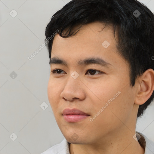 Neutral asian young-adult male with short  black hair and brown eyes