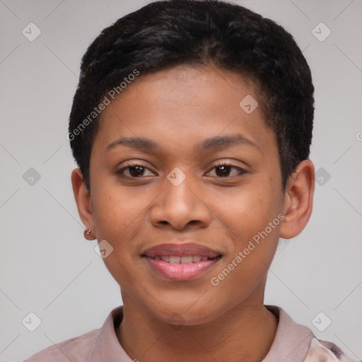 Joyful black young-adult female with short  brown hair and brown eyes