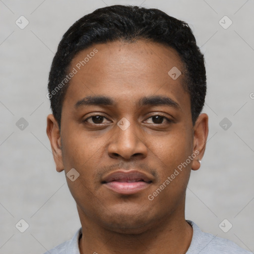 Neutral black young-adult male with short  black hair and brown eyes