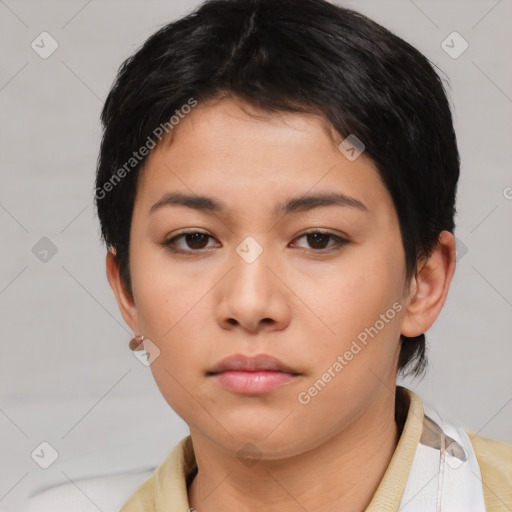 Neutral asian young-adult female with short  brown hair and brown eyes