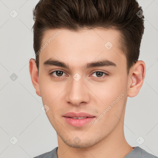 Neutral white young-adult male with short  brown hair and brown eyes