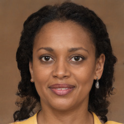 Joyful black adult female with medium  brown hair and brown eyes