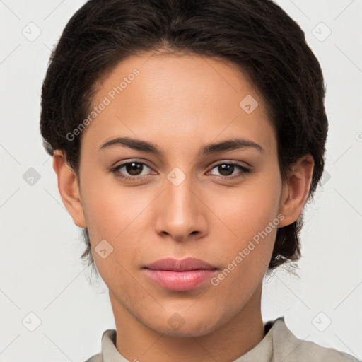 Neutral white young-adult female with short  brown hair and brown eyes