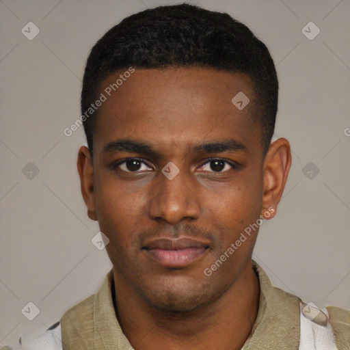 Neutral black young-adult male with short  black hair and brown eyes