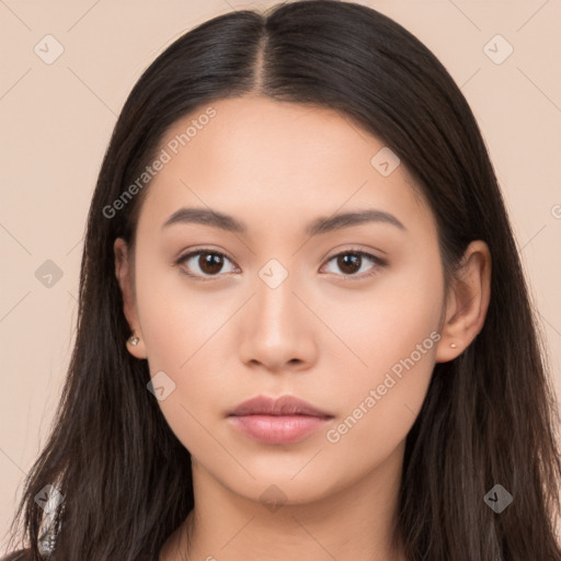 Neutral white young-adult female with long  brown hair and brown eyes