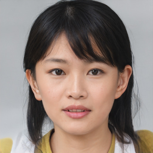 Neutral asian young-adult female with medium  brown hair and brown eyes
