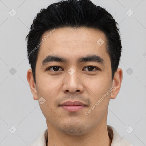 Neutral asian young-adult male with short  black hair and brown eyes