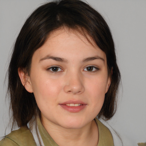 Neutral white young-adult female with medium  brown hair and brown eyes