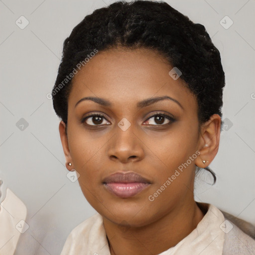 Neutral black young-adult female with short  black hair and brown eyes