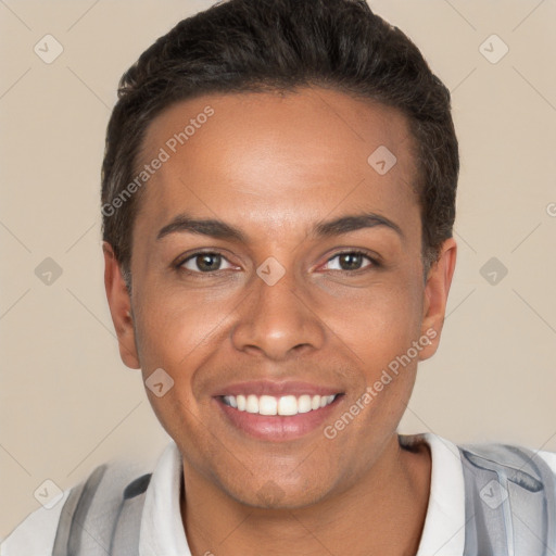 Joyful white young-adult female with short  brown hair and brown eyes