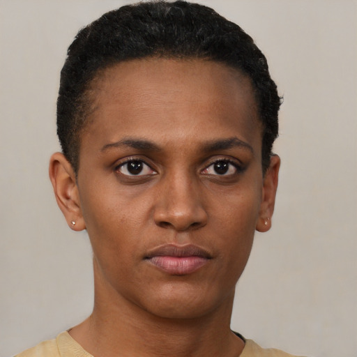 Neutral black young-adult female with short  black hair and brown eyes