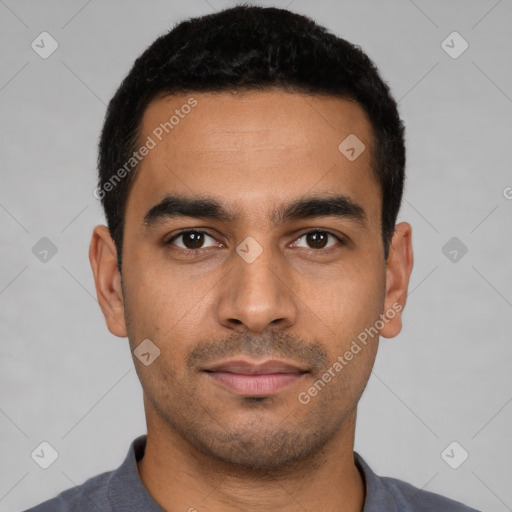 Neutral latino young-adult male with short  black hair and brown eyes