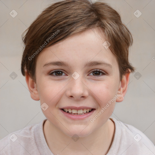 Joyful white child female with short  brown hair and brown eyes