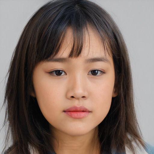 Neutral asian young-adult female with long  brown hair and brown eyes