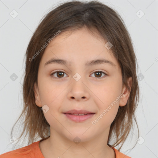 Joyful white child female with medium  brown hair and brown eyes