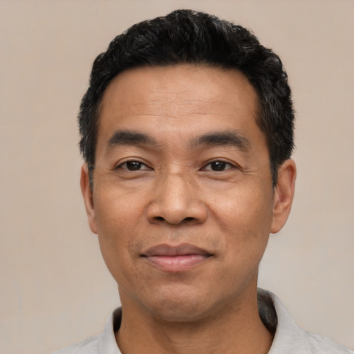 Joyful asian adult male with short  black hair and brown eyes